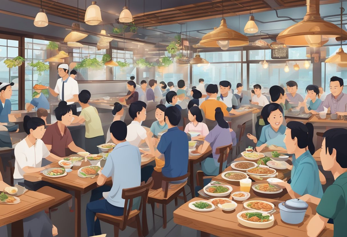 The bustling atmosphere of a crowded restaurant, with steaming pots of fish head steamboat on every table, and customers eagerly asking questions to the busy staff