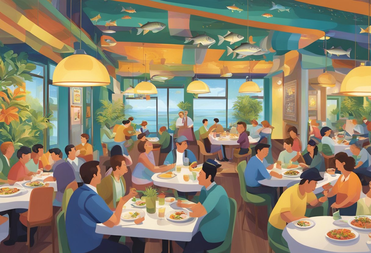 The bustling restaurant features a large, colorful menu with vibrant illustrations of fish dishes. Customers are seen enjoying their meals, surrounded by a lively and cheerful atmosphere