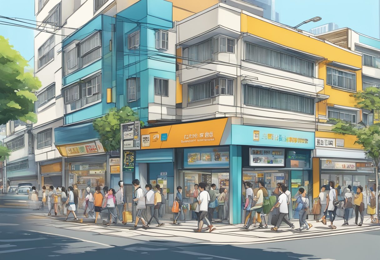 A bustling street in Toa Payoh Central, with a prominent licensed money lender storefront and a steady stream of customers entering and exiting