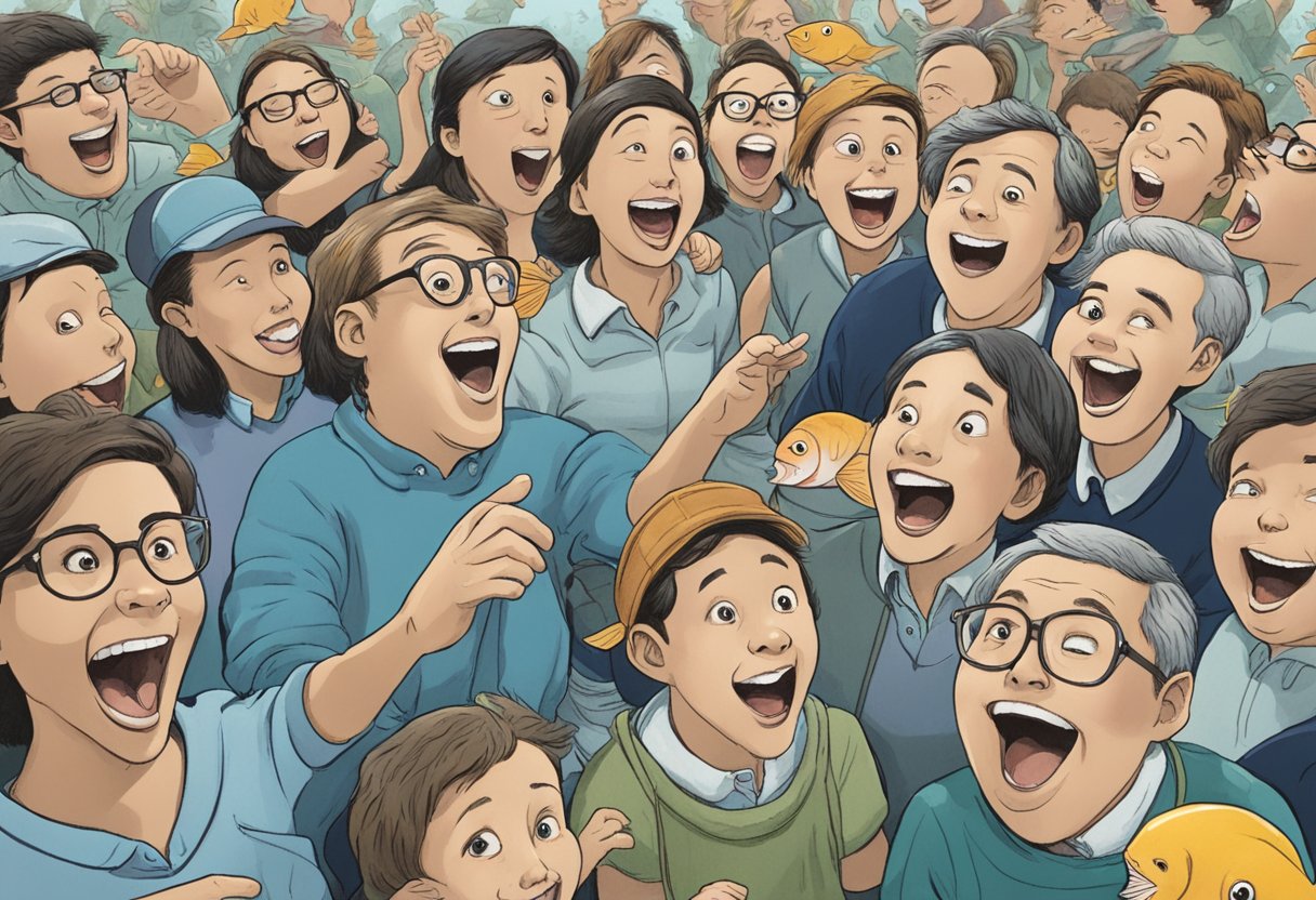 A school of fish gathered around, mouths open in laughter, as they listen to Harry Ramsden tell jokes
