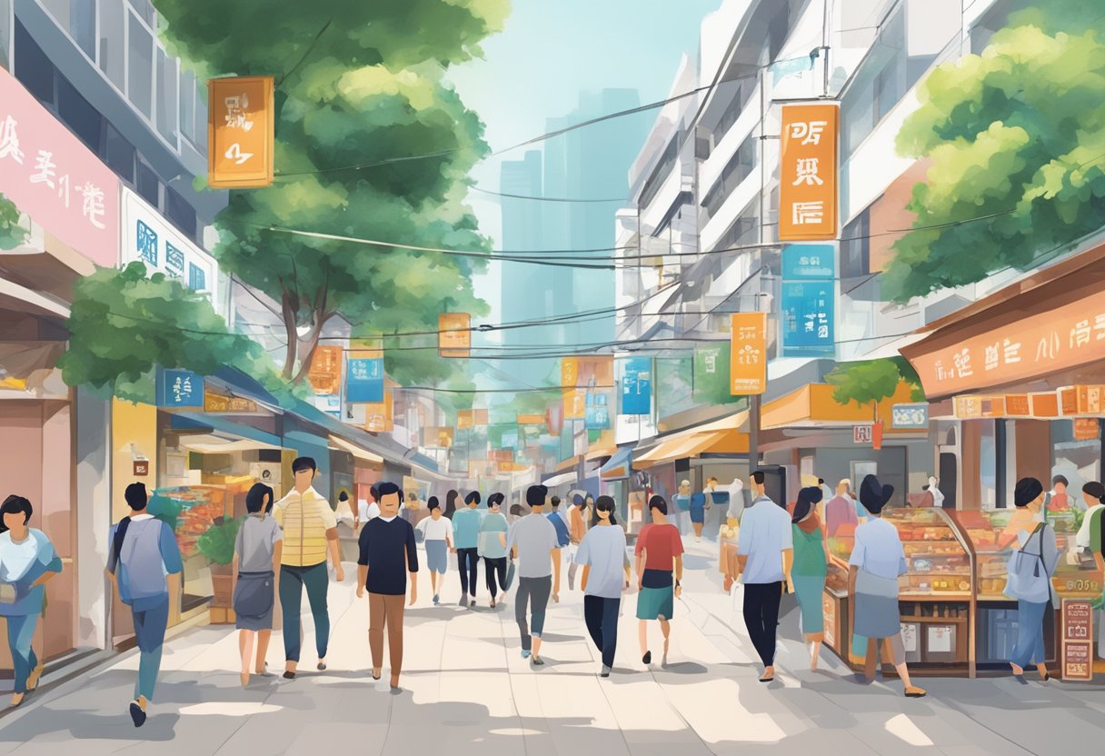 A bustling street in Toa Payoh Central with licensed money lenders' signs, people walking, and a mix of shops and businesses