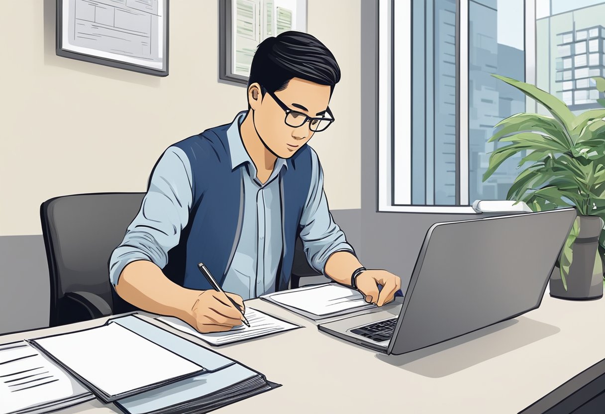 A person sits at a desk in a licensed money lender's office at Toa Payoh Central, filling out loan application forms. The lender reviews the documents and discusses terms with the applicant
