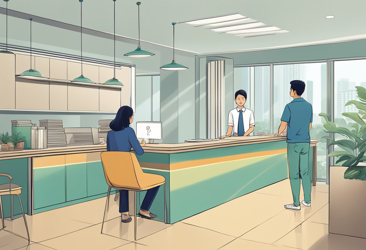 A customer standing at the counter, asking questions to a Payoh Central licensed money lender. The lender is seated behind a desk, answering the customer's inquiries