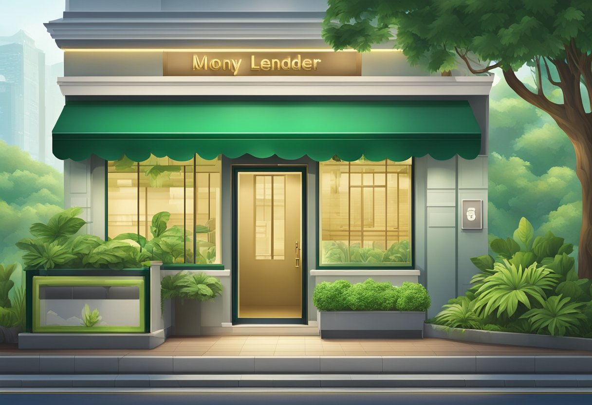 A licensed money lender's sign stands out against the lush greenery of Woodland, Singapore. The storefront exudes professionalism and trustworthiness