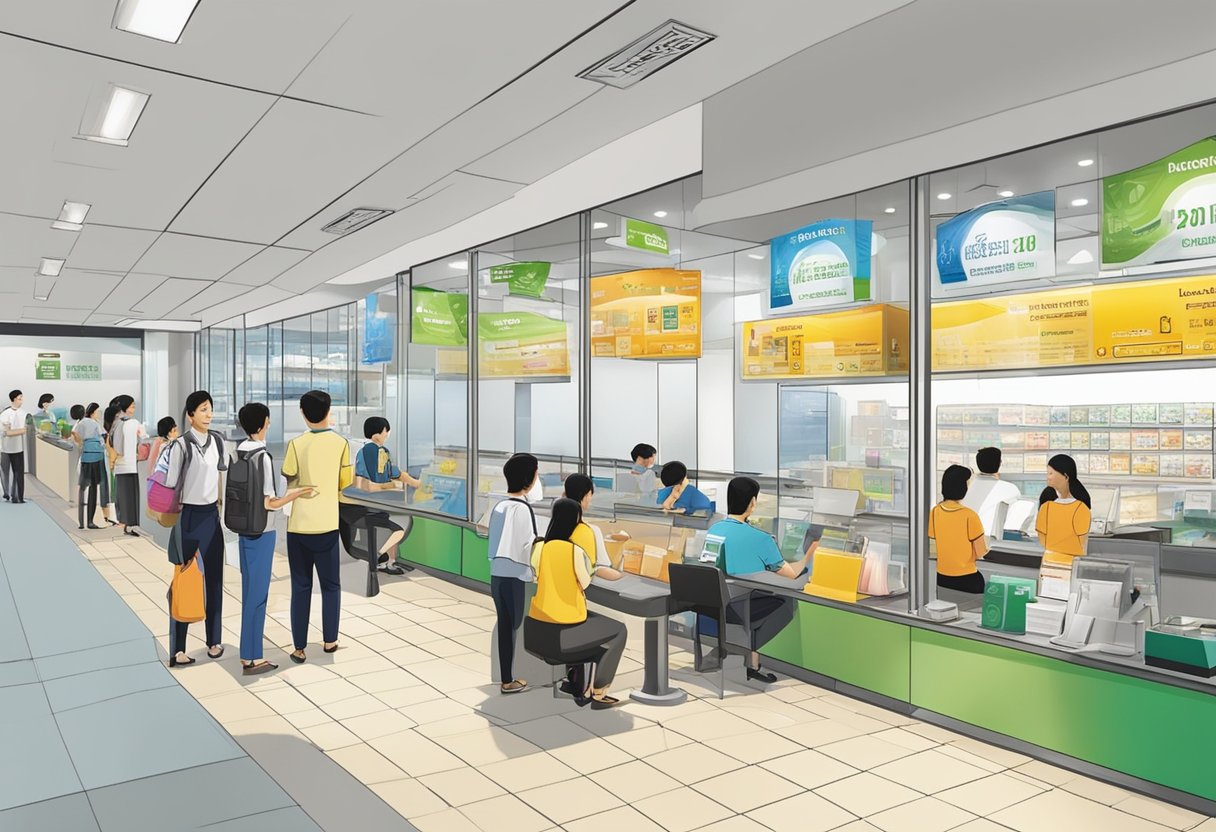 Licensed money lenders in Toa Payoh are seated behind glass counters, with signs advertising their services. Customers wait in line, filling out forms and discussing loan options with the staff
