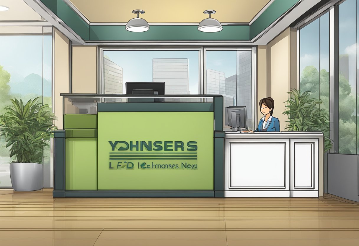 A licensed money lender's office in Woodlands, with a signboard displaying the company's name and logo. A customer is filling out paperwork at the reception desk