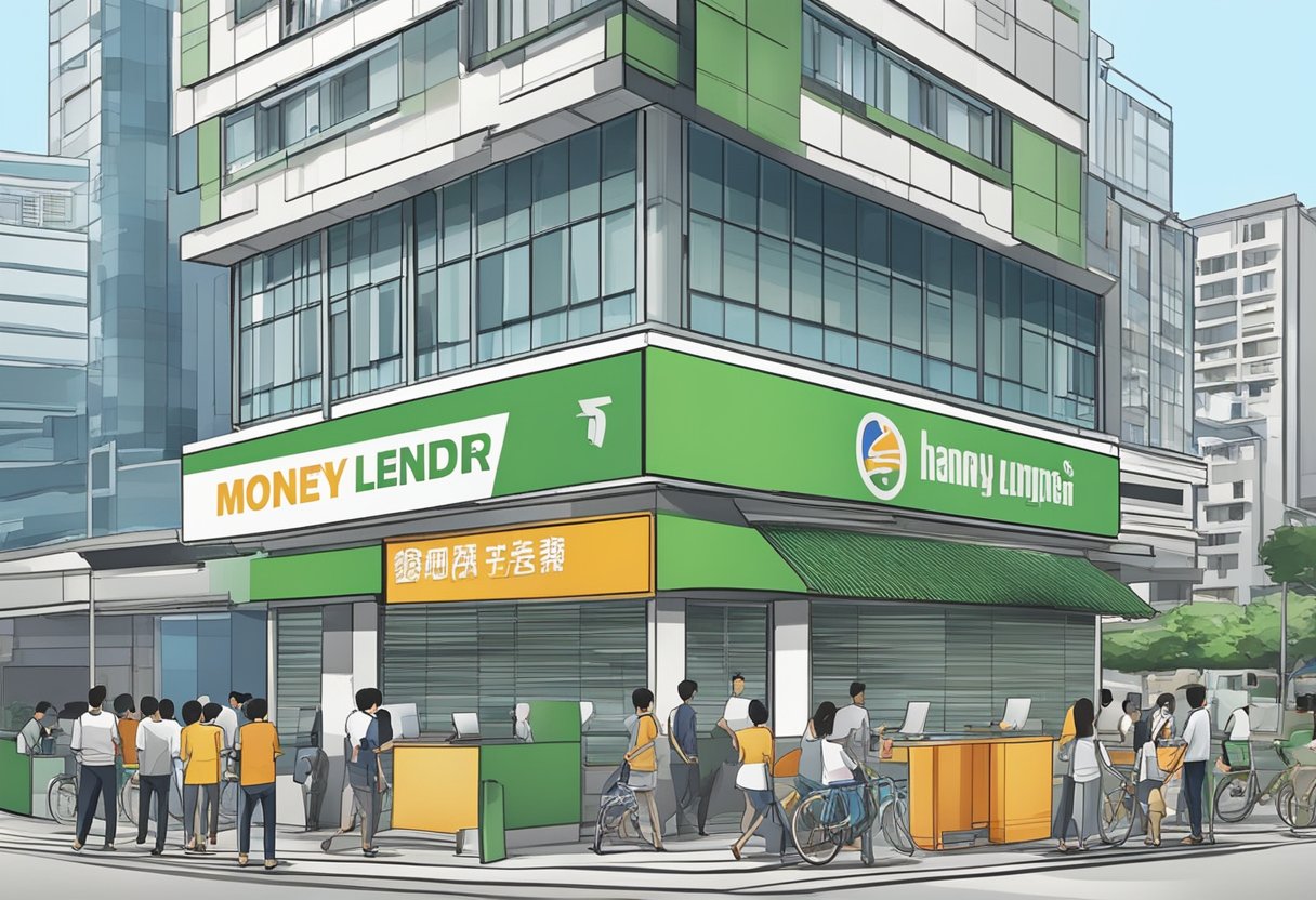 A licensed money lender's sign stands out against the backdrop of bustling Toa Payoh, with a steady stream of customers entering and exiting the office