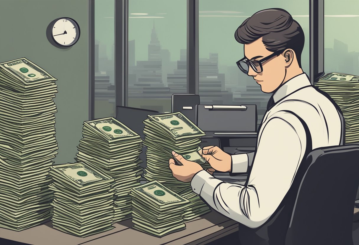 A money lender counting stacks of cash at a desk