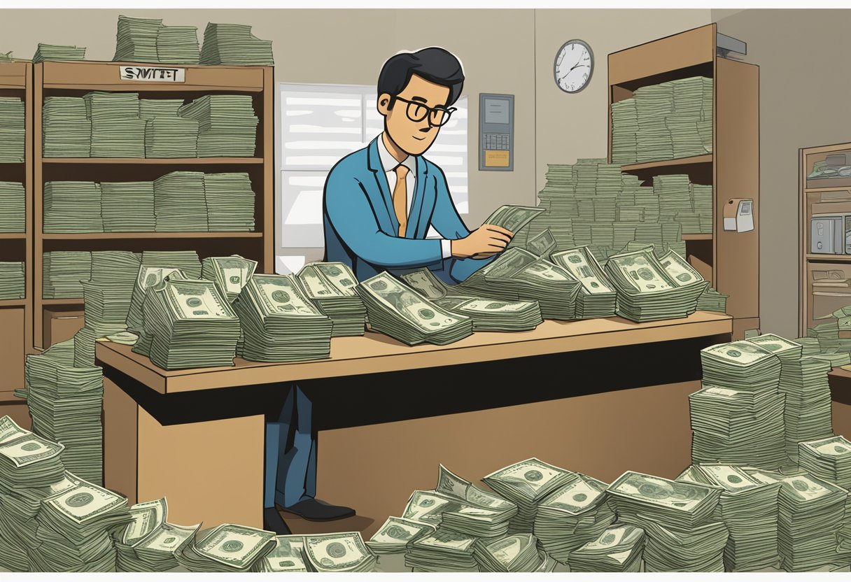 A figure counting cash behind a desk, surrounded by stacks of money and a sign reading "swift money lender."