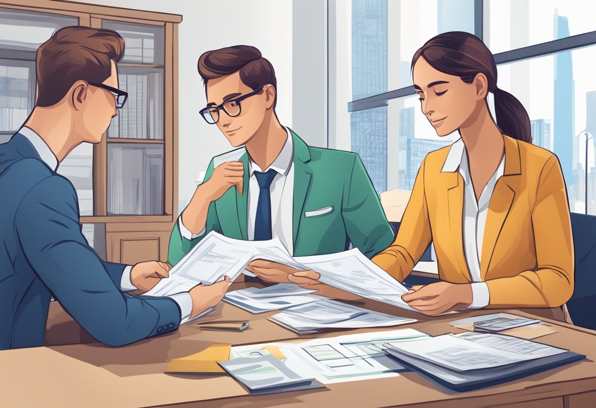 Various loans displayed with financial charts and documents. A money lender assists a client in managing their finances