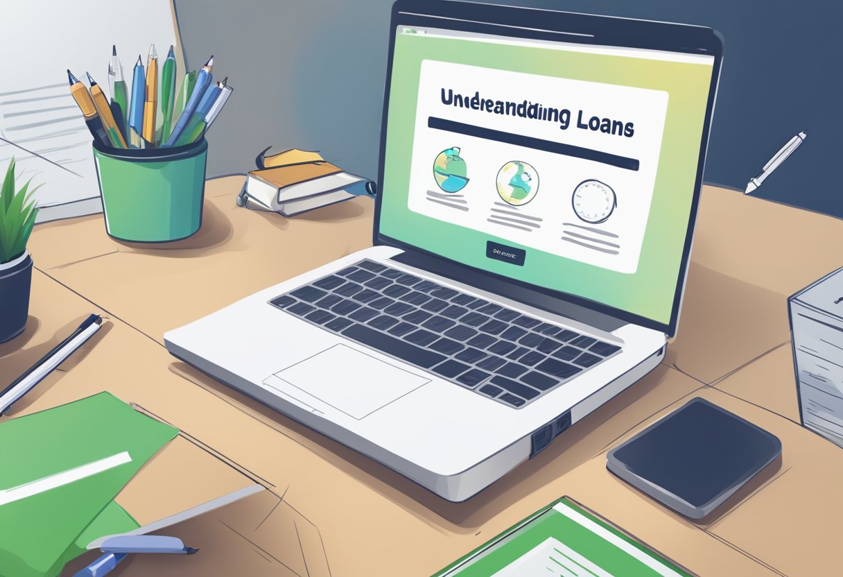 A laptop displaying a website with the title "Understanding Loans in Singapore" while a hand holds a pen ready to take notes
