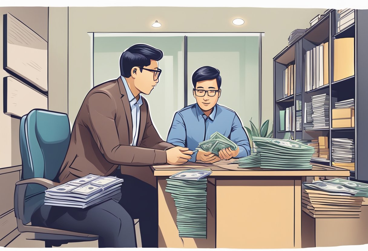 A moneylender sitting behind a desk, counting money and discussing loan terms with a client in a small office in Singapore
