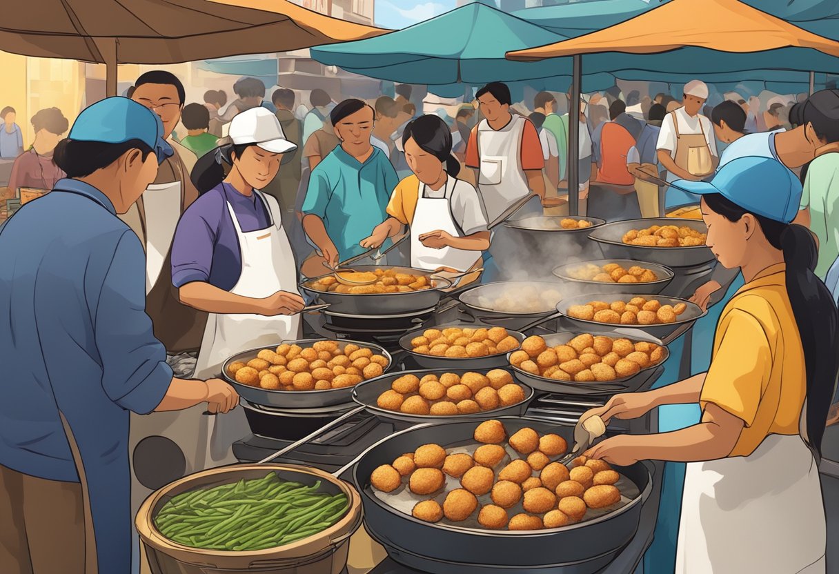 A bustling street market with vendors frying fish balls in sizzling oil. The aroma of savory seafood fills the air as customers line up to sample the crispy delicacy
