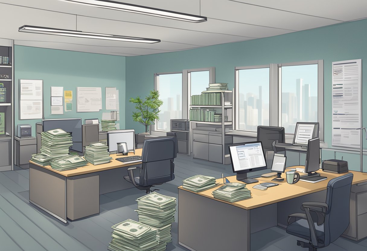 A sleek, modern office with a desk cluttered with paperwork and a computer displaying financial data. A sign on the wall reads "Swift Money Lenders."