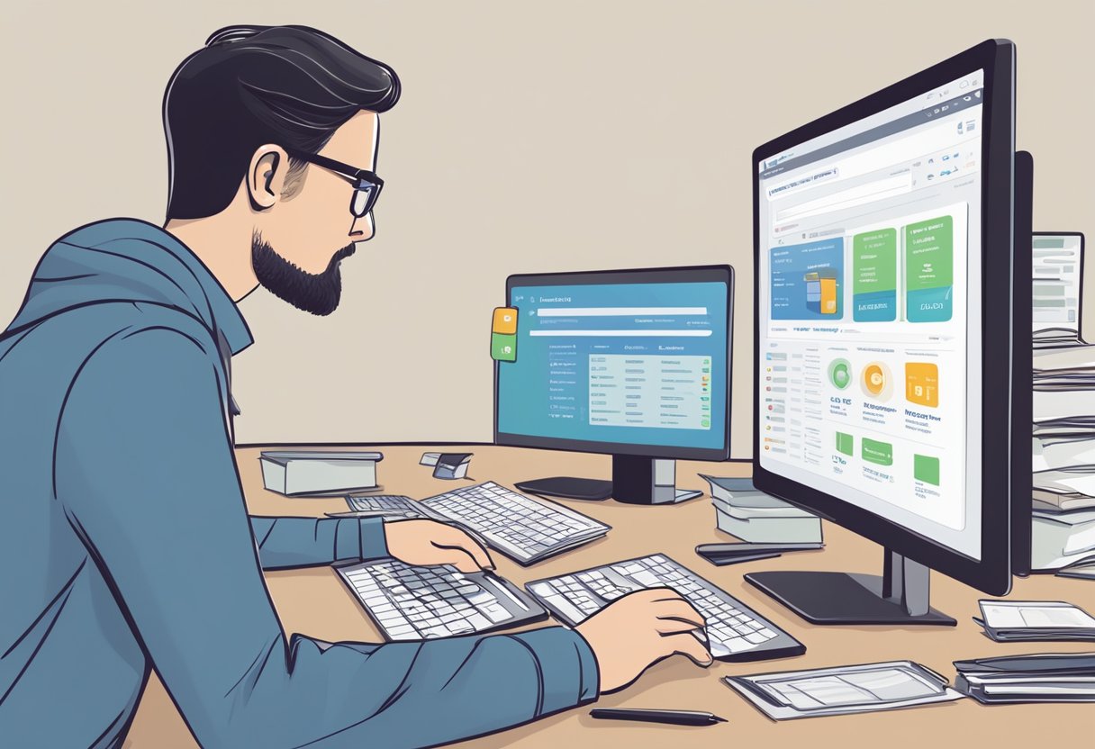 A person sitting at a computer, carefully comparing different online credit money lenders. On the screen, there are multiple tabs open with various loan options and terms