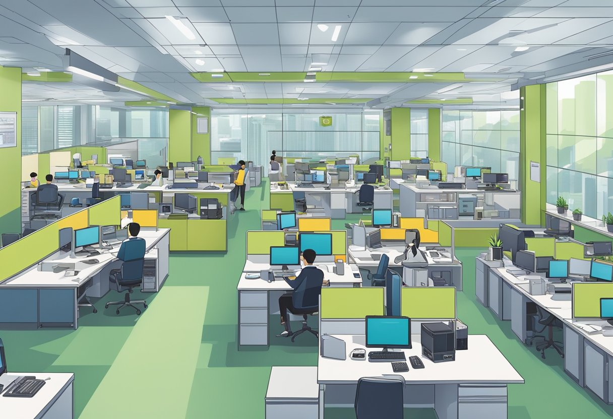 A busy office in Toa Payoh, licensed money lenders offer various loan services and products to customers. The interior is filled with desks, computers, and signage displaying different loan options