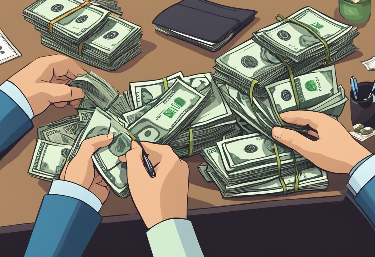 A person receiving money from a lender at a desk, exchanging documents and counting cash