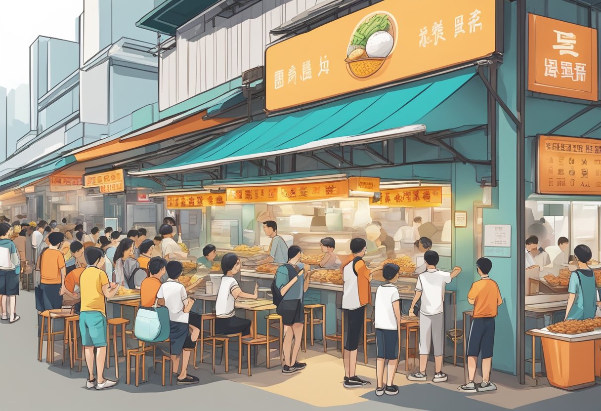 A bustling hawker center with colorful signage and a long line of customers waiting to order Tiong Bahru fried fish ball