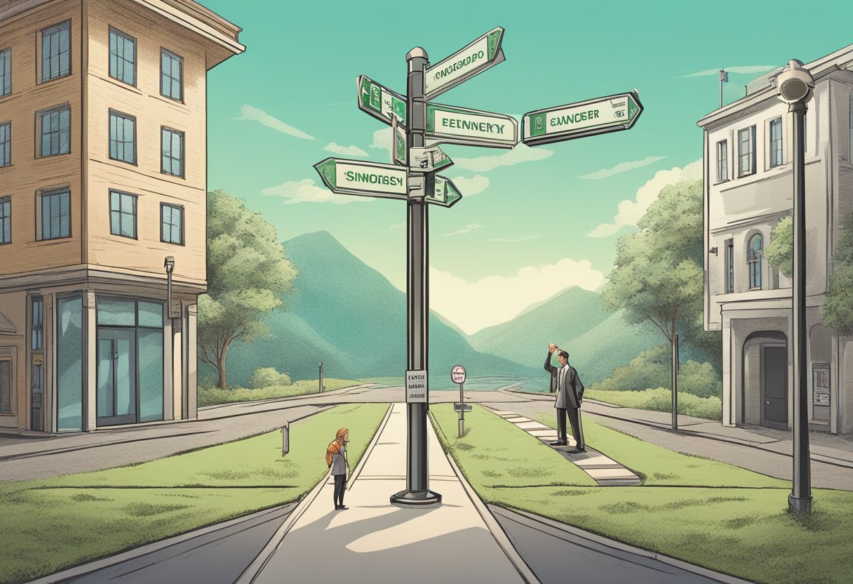 A person stands at a crossroads, examining a signpost with various money lender options. They carefully consider their choices before making a decision