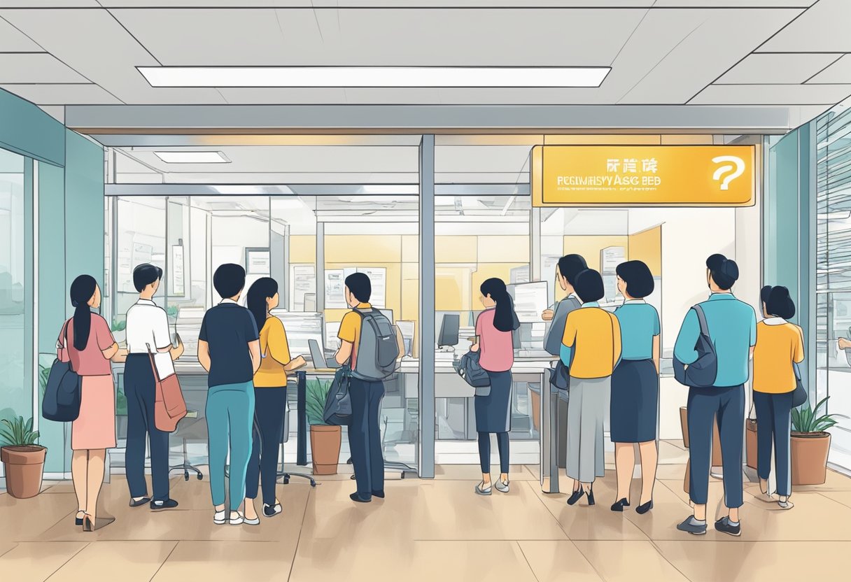 A busy office with a sign "Frequently Asked Questions" and licensed money lenders in Toa Payoh. Customers waiting in line, staff assisting