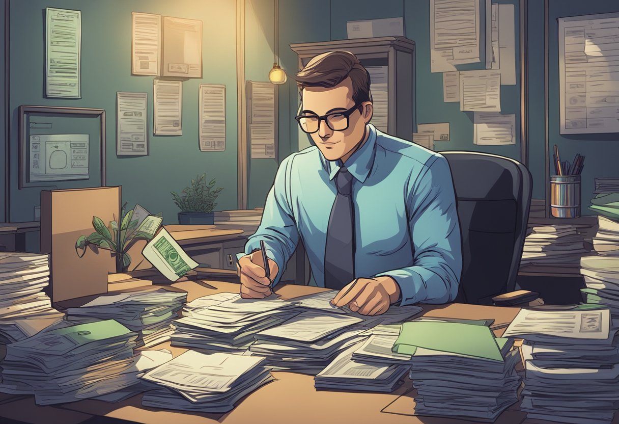 A money lender sits at a desk with a sign reading "Frequently Asked Questions" in a dimly lit room. Papers are scattered around, and a calculator sits off to the side