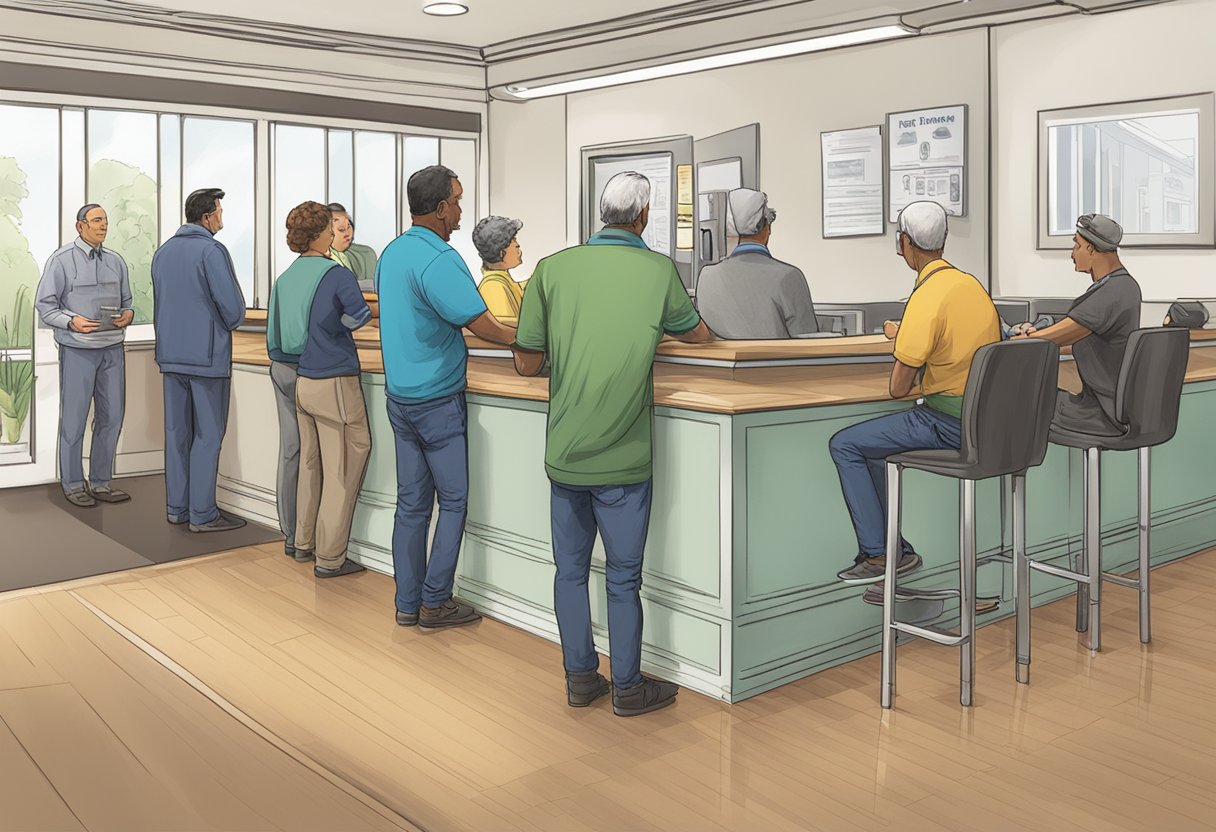 Customers line up at the swift money lender's counter, while others sit in the waiting area with questions in hand