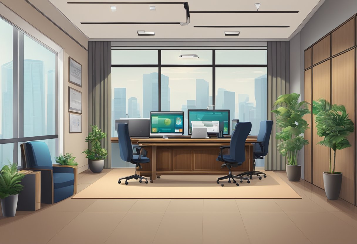 A moneylender's office in Singapore, with a sign displaying "6 pilot money lender." The interior is clean and professional, with a desk, chairs, and a secure safe