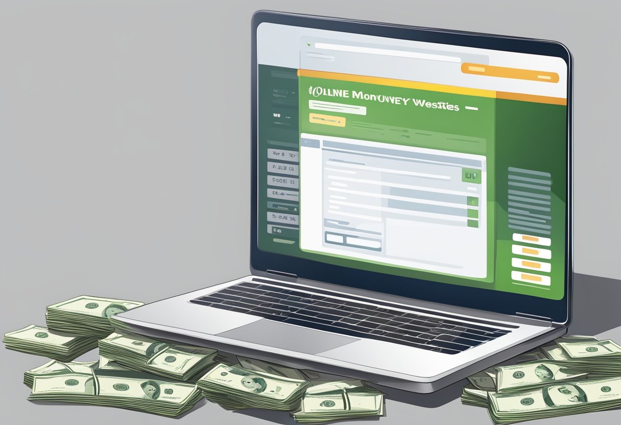 A laptop displaying various online money lending websites, with a stack of cash and a calculator on the side