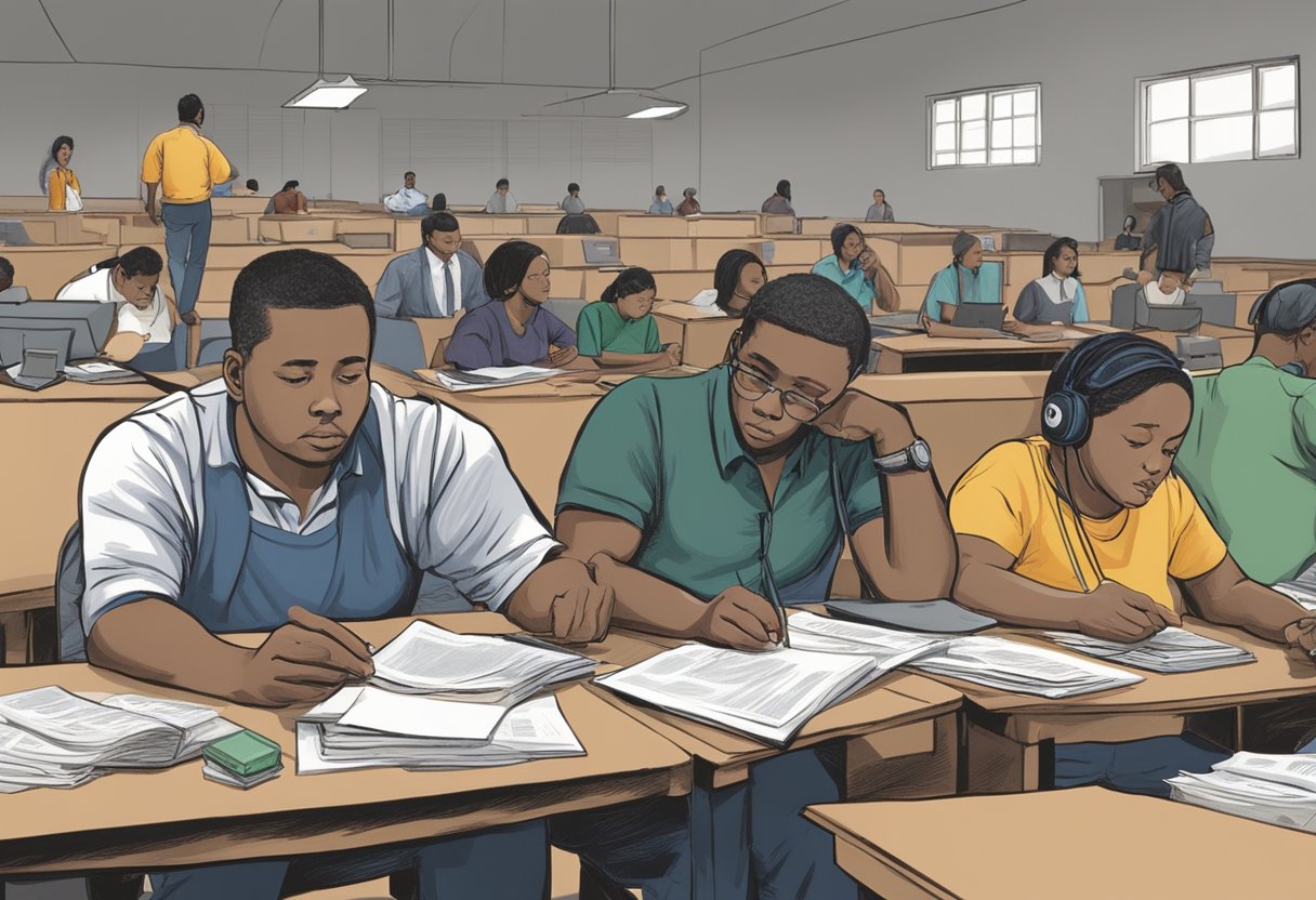 Borrowers seeking help at a support center after being banned from a licensed money lender. Signs of hope and assistance from the organization "Blessed Grace" are visible