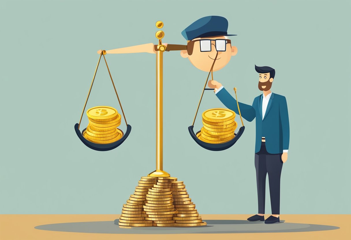 A large scale balancing act with a stack of coins on one side and a magnifying glass on the other