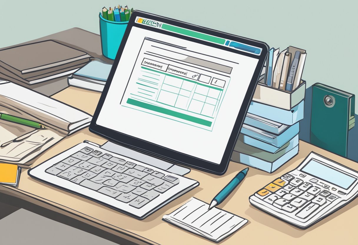 A computer screen showing a loan agreement with clear terms and repayment schedule. A calculator and pen sit nearby for calculating payments