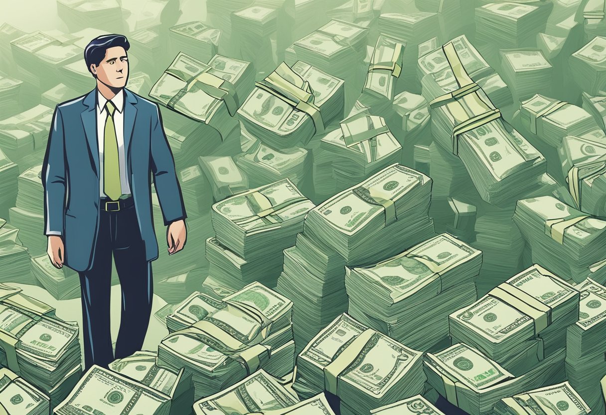 A person walking away from a group of money lenders, with a determined and resolute expression on their face. The lenders are gesturing towards the person, but they are clearly not interested