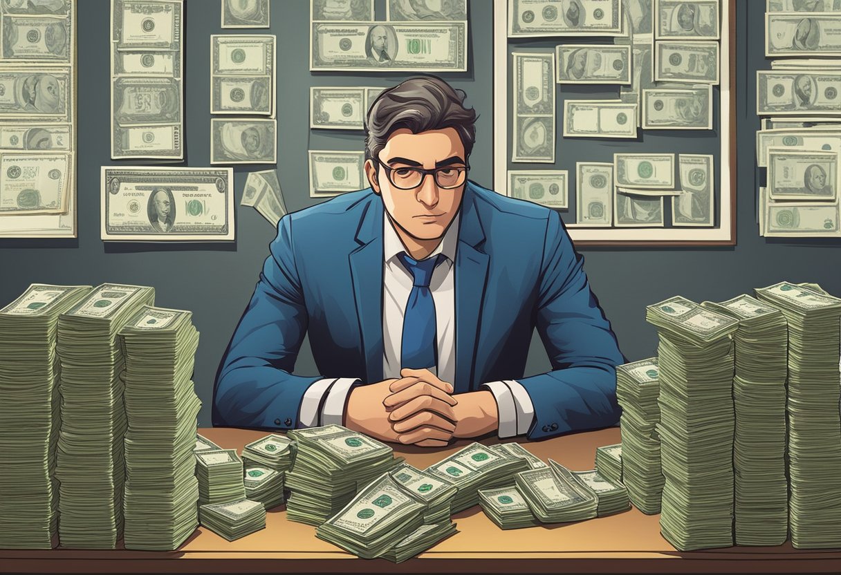 A stern moneylender sits behind a desk, counting stacks of cash with a calculating gaze, while a framed document of financial regulations hangs on the wall