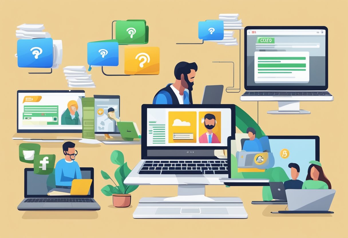 Customers browsing online FAQs, with laptops and phones, while money lenders' logos and customer reviews are displayed on the screen