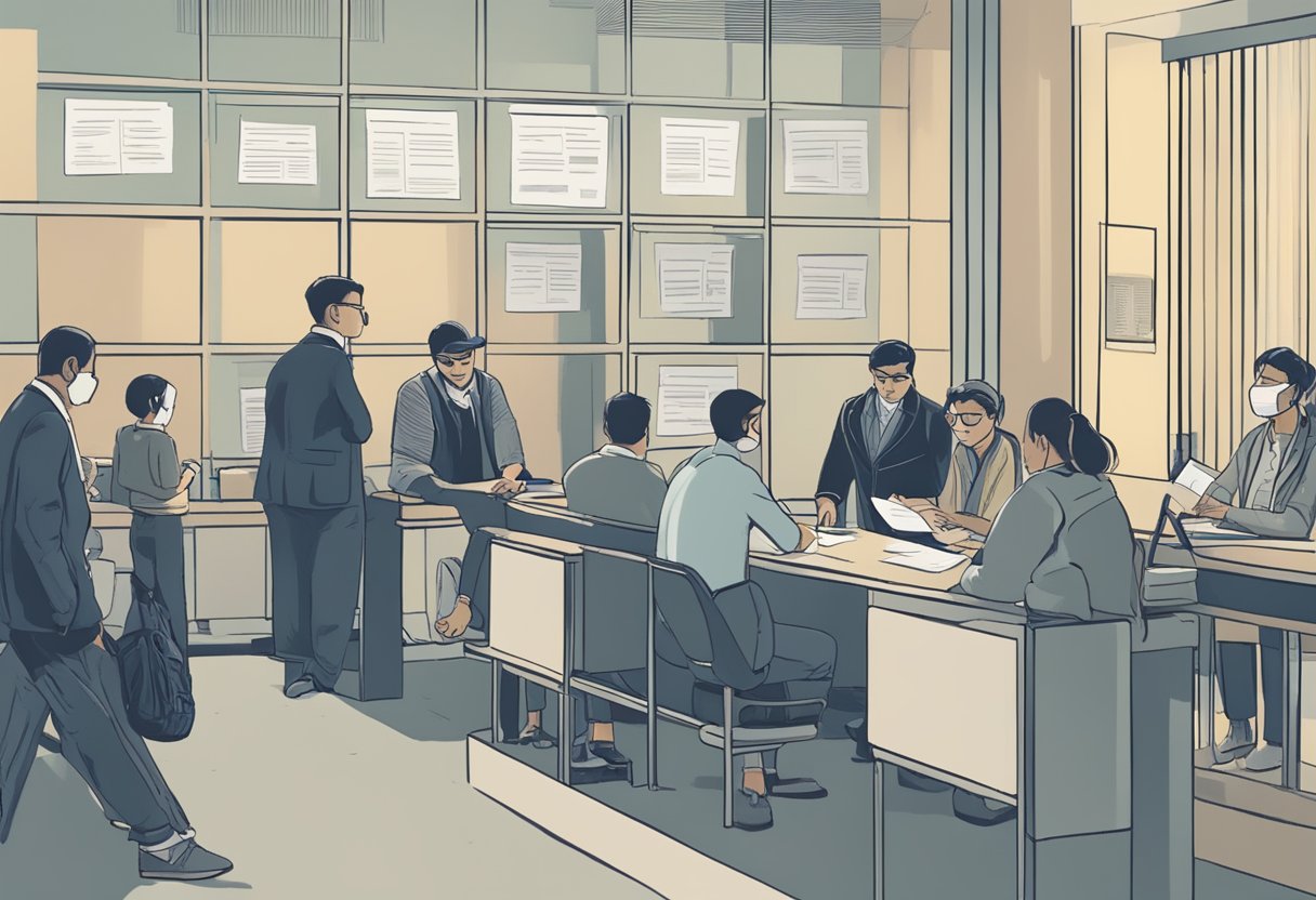 A person fills out a self-exclusion form at a money lending institution, while others look on. The impact of the decision is evident in the expressions of relief and support from bystanders