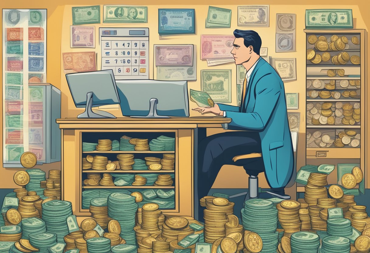 A person weighing options, surrounded by various moneylender logos and symbols, trying to make a decision