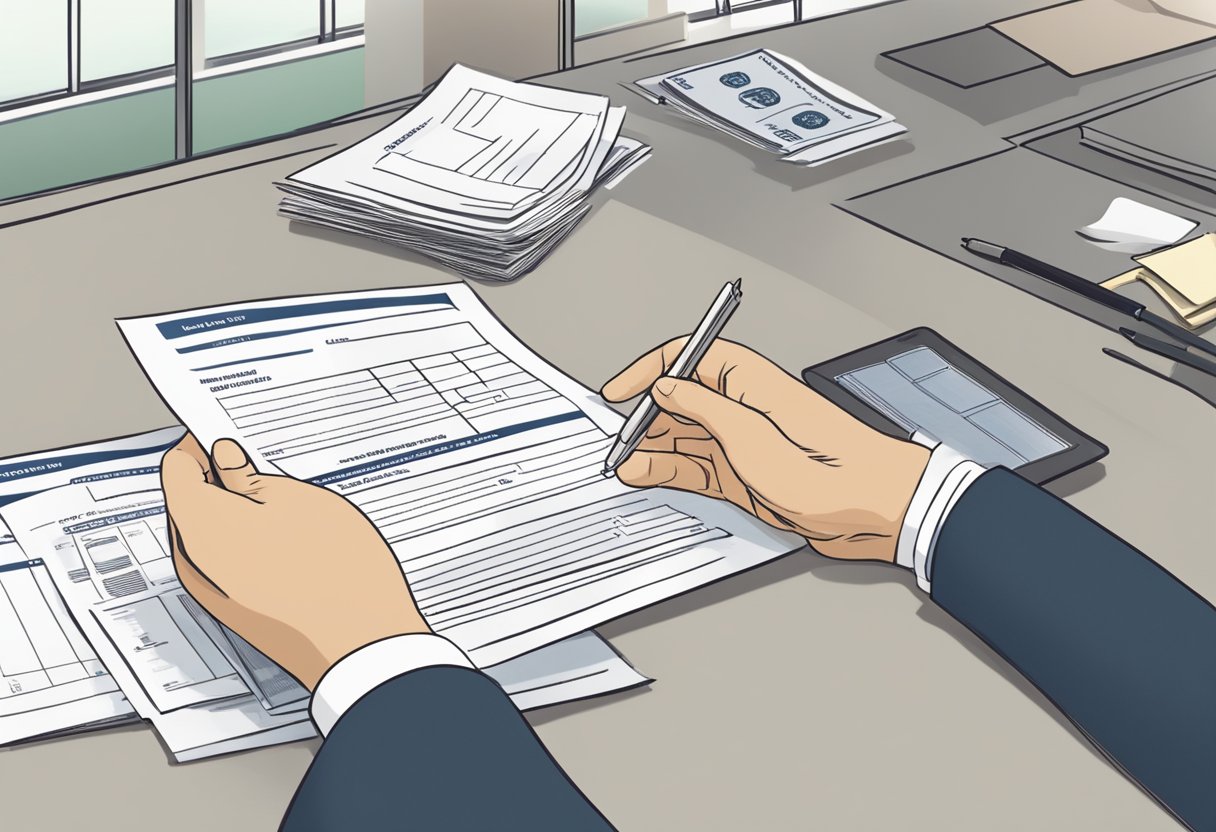 A person submitting self-exclusion forms at a money lender's office. Papers being filled out and handed over to a staff member