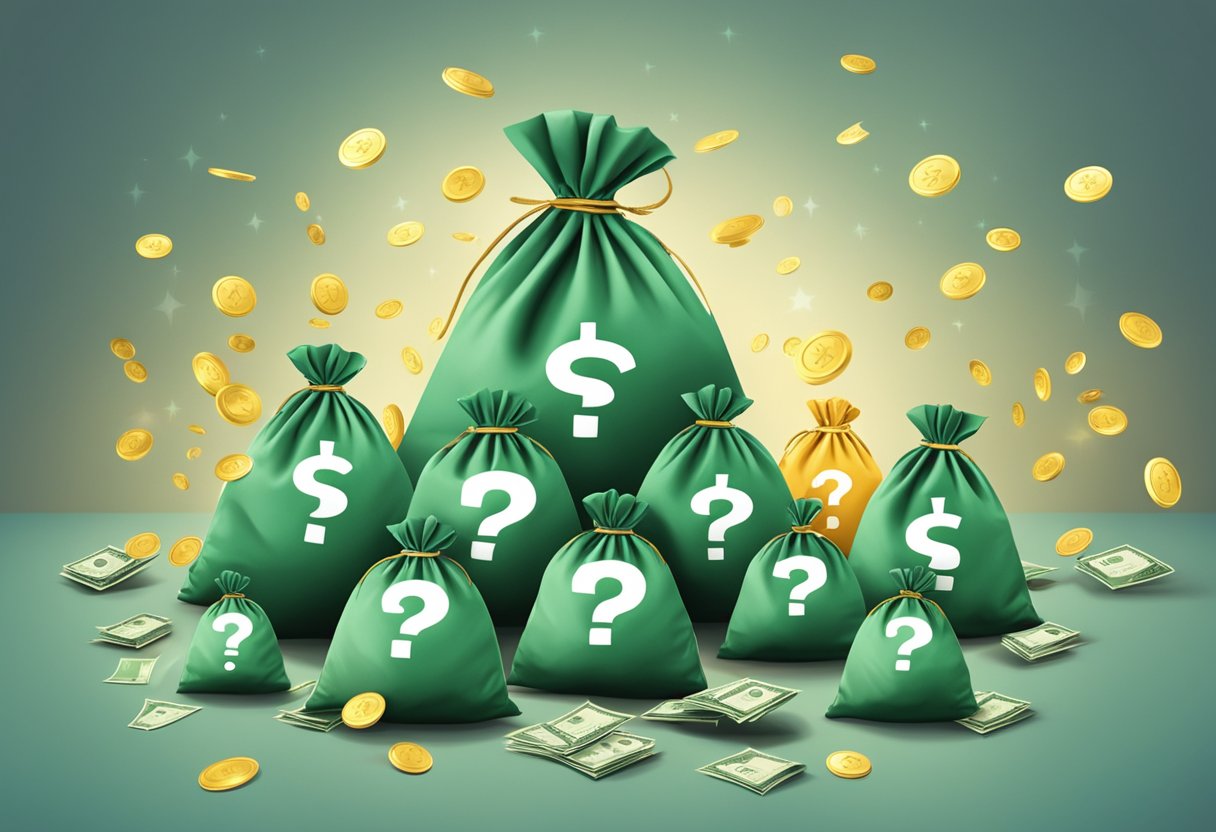 A stack of symbolic money bags surrounded by question marks and a review star rating