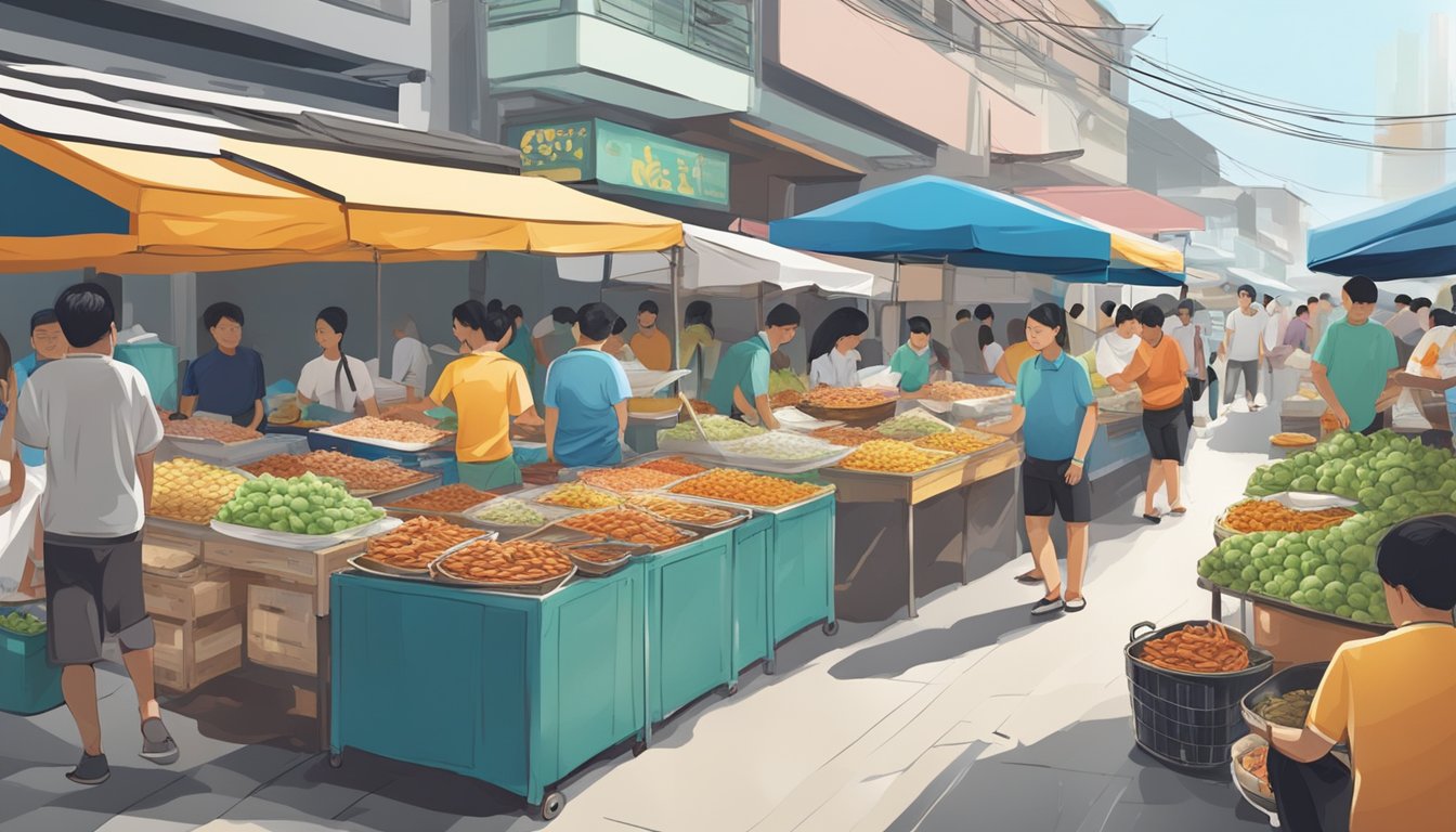 A bustling street market with colorful stalls selling fresh crab dishes and seafood delicacies in Toa Payoh Lorong 8