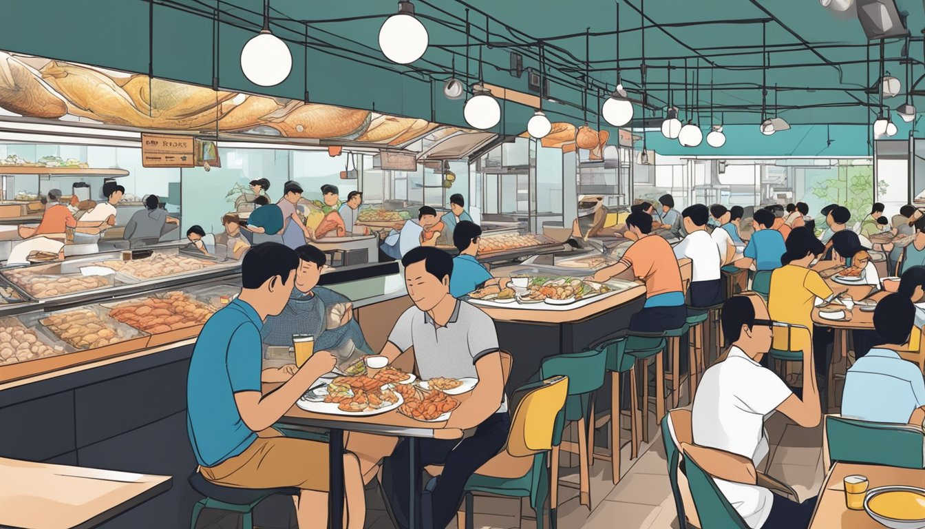 Visitors at Payoh Lorong 8 Crab: tables filled with seafood, bustling waitstaff, and customers enjoying their meals