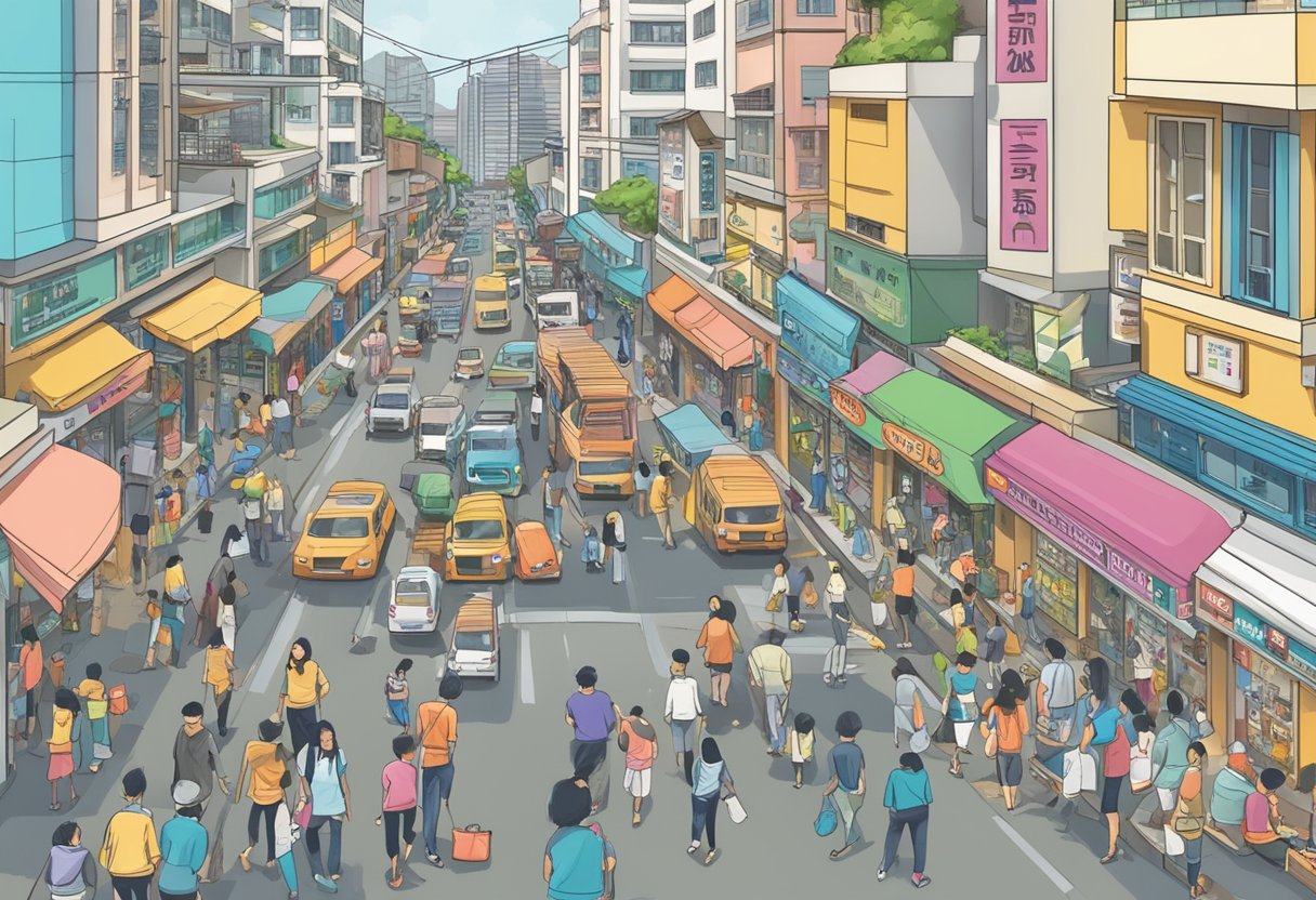 A bustling street in Bukit Panjang, with a prominent money lender sign, surrounded by busy shops and people going about their day