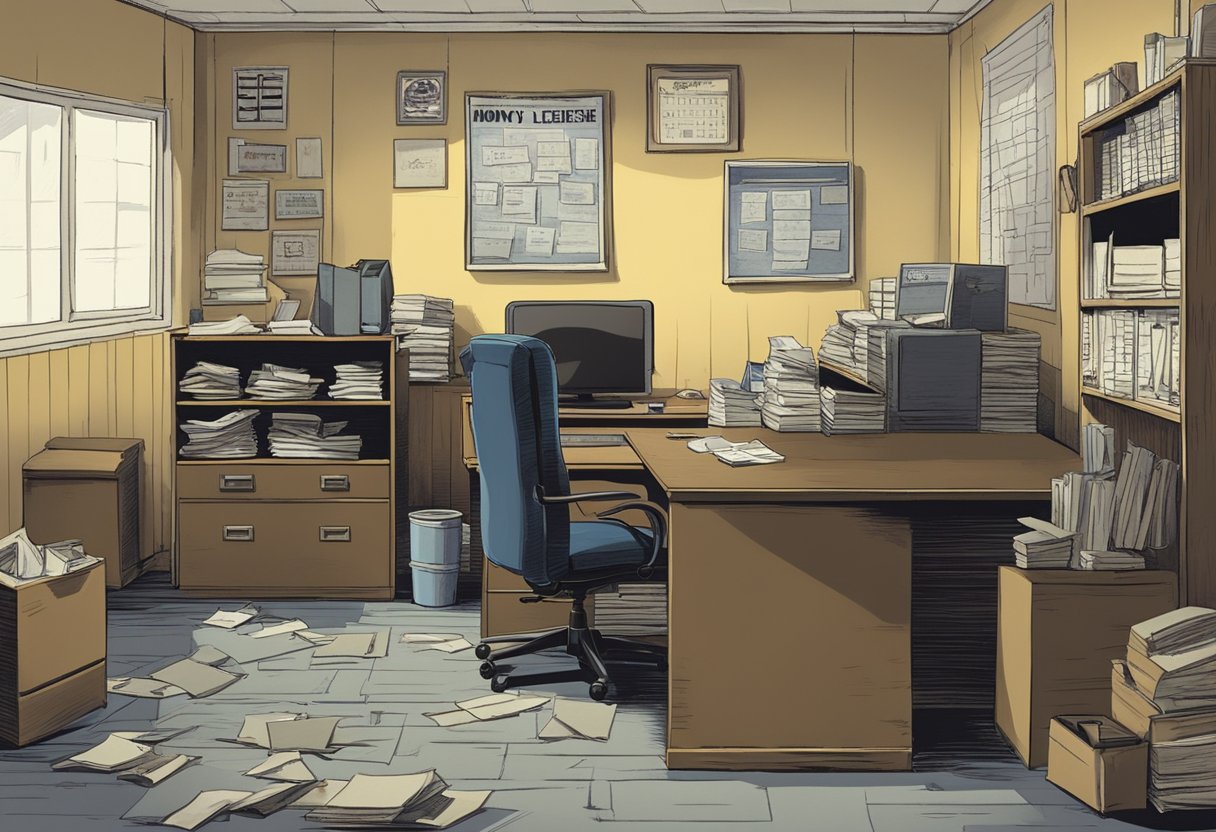 A small, run-down office with a sign reading "cheapest license money lender" in bold letters. Tattered furniture and dim lighting create a sense of desperation