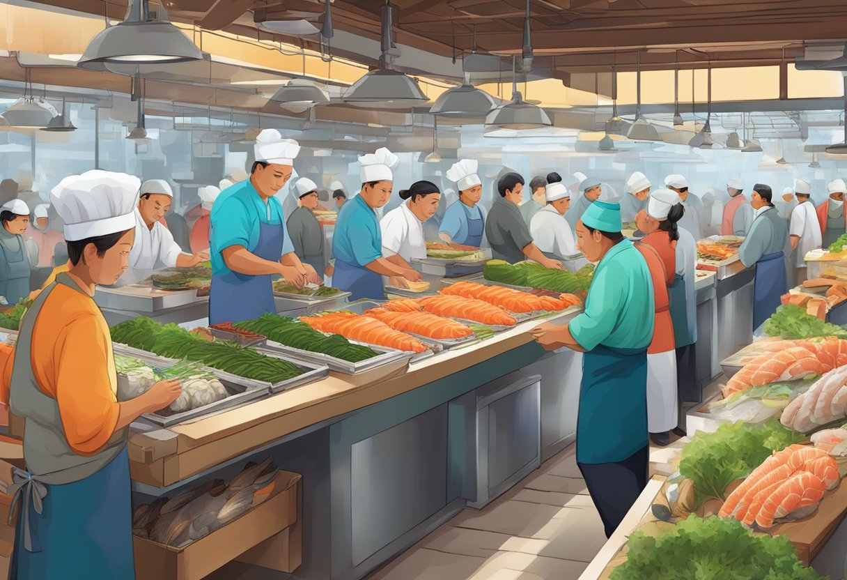 Vibrant fish market with bustling stalls and colorful seafood displays, surrounded by eager customers and skilled chefs preparing fresh sushi and sashimi
