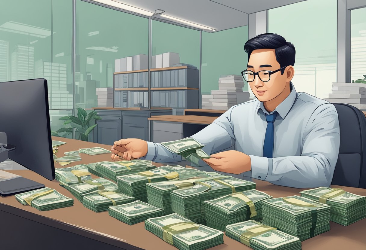 A moneylender sits behind a desk, counting cash and discussing loan terms with a customer in a small office in Singapore