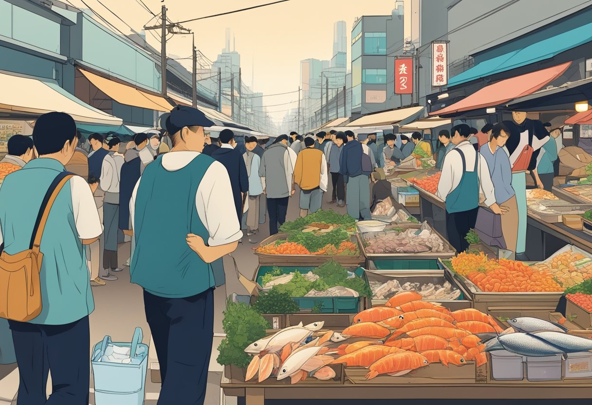 The bustling Tokyo fish market, with vendors selling fresh seafood and customers browsing, surrounded by colorful signs and bustling activity