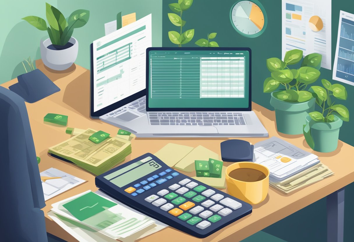 A person sitting at a desk, surrounded by financial documents and a calculator. A laptop is open, displaying a budget spreadsheet. A money plant sits on the desk, symbolizing growth and prosperity
