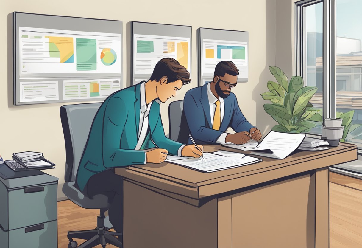 A person filling out a loan application at a desk in a money lender's office. The lender is reviewing the paperwork and discussing terms with the applicant