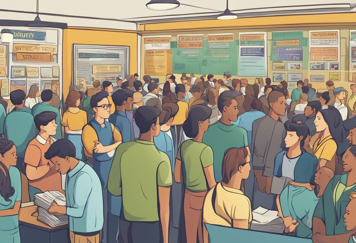 A crowded room with people lining up at a booth labeled "Frequently Asked Questions cheapest license money lender." Signs display loan terms and rates