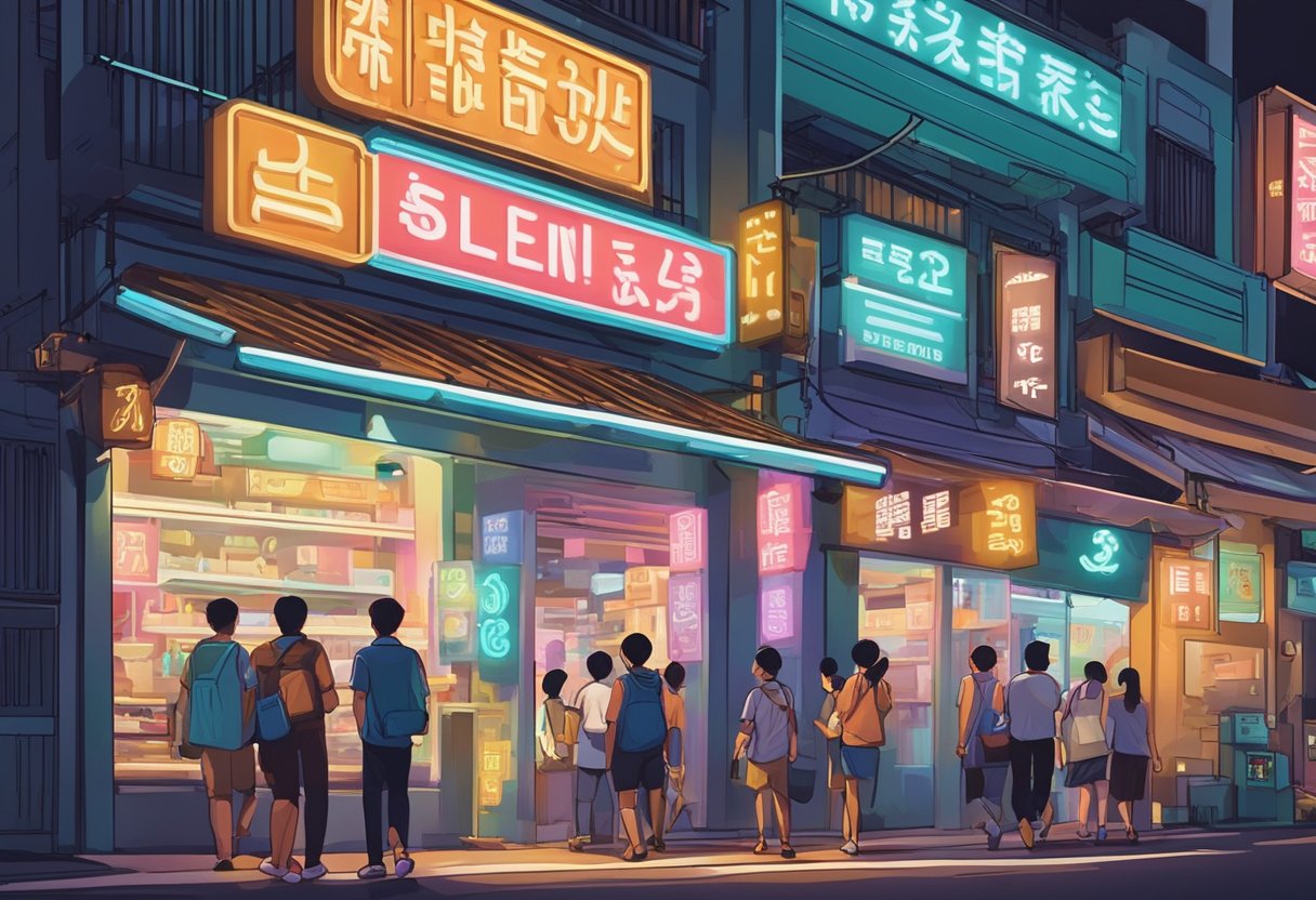 A money lender's sign hangs above a bustling street in Singapore, with people entering and exiting the small shop. The neon lights and bold lettering catch the eye of passersby