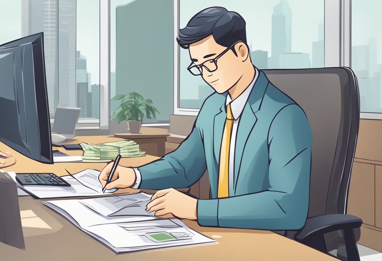 A money lender in Singapore counts cash while a borrower signs a document. The lender's office is tidy and professional, with a desk, chair, and safe